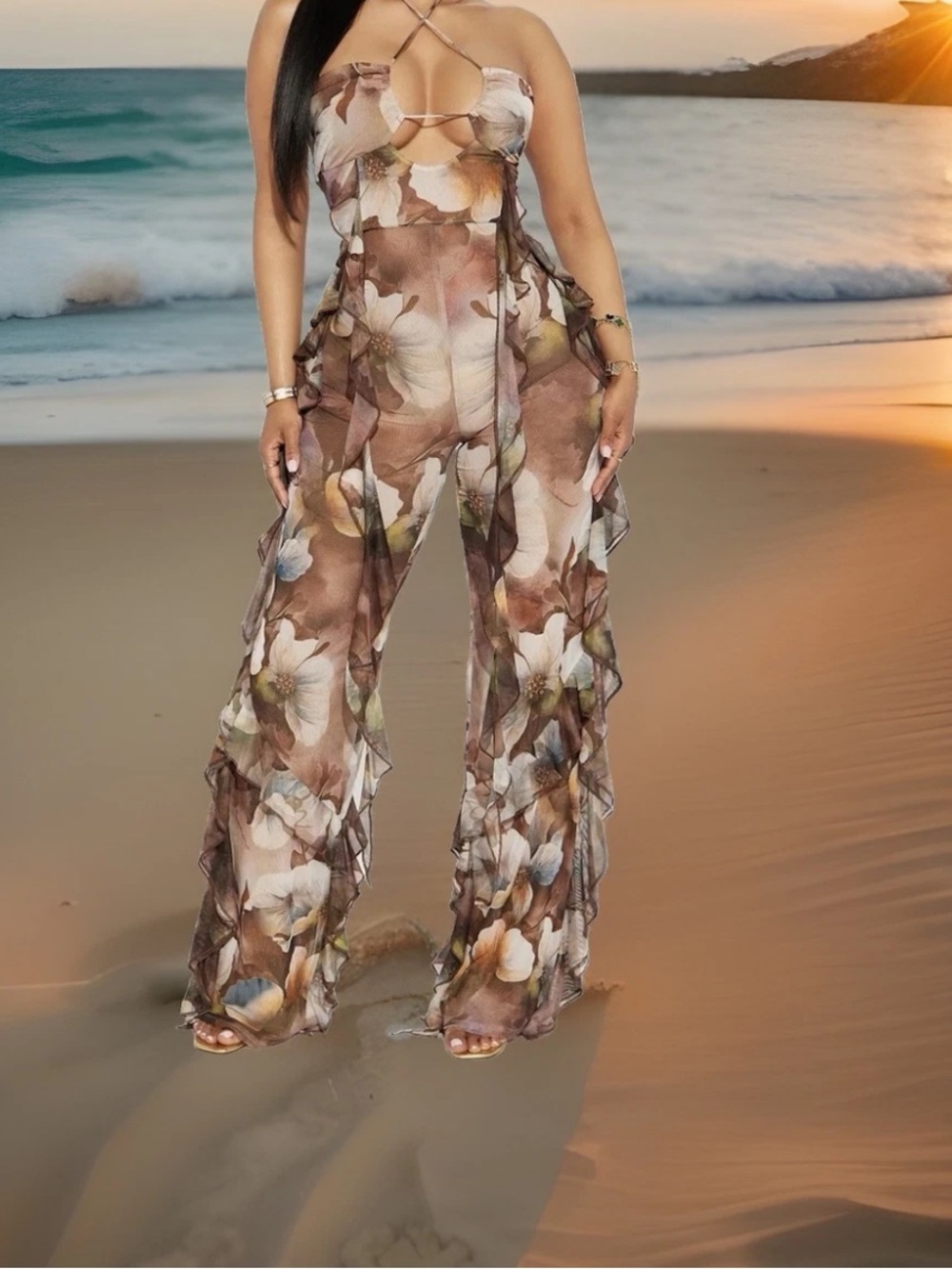 NWT Fashion Nova Women’s Jumpsuit/jumper pants halter size 1X New Sandals Size 9